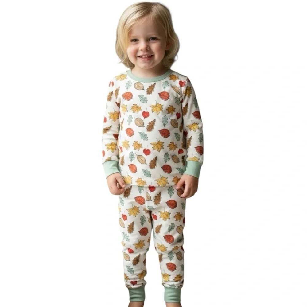 Kids Fall Leaf Print Long Sleeve Two Piece Pajamas